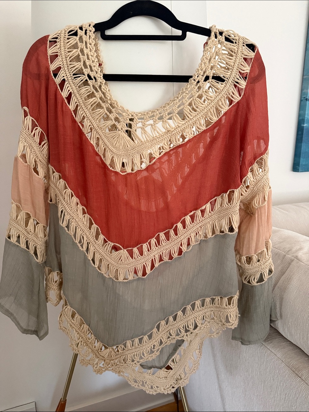 Umgee Colorblock Sheer Tunic with Crochet Trim - Rust, Blush, Sage